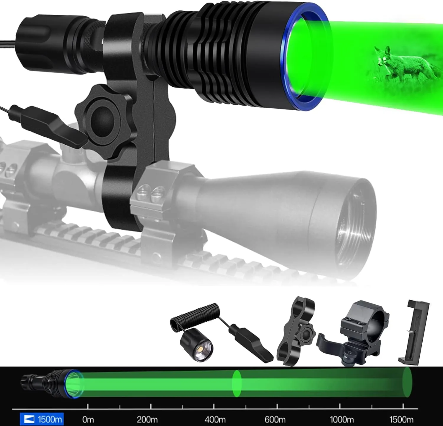 ULTRAFIRE 1917 Yard Green Hunting Light Single Mode LED Flashlight, 2200 High Lumen Hog Predator Lights with Pressure Switch Picatinny Rail Mount Scope Mount for Hunting Night Observation GC20 PRO