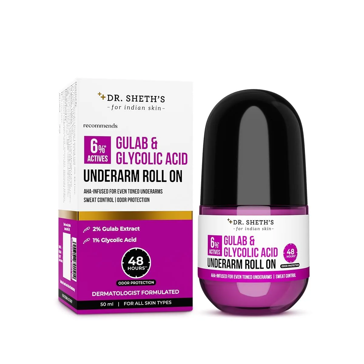 Underarm Roll-On with Gulab & Glycolic Acid | 48-Hours Odor Protection | AHA Based | Aluminum & Alcohol Free | Sweat Control & Fades Pigmentation | Floral Fragrance | For Men & Women | 50ml