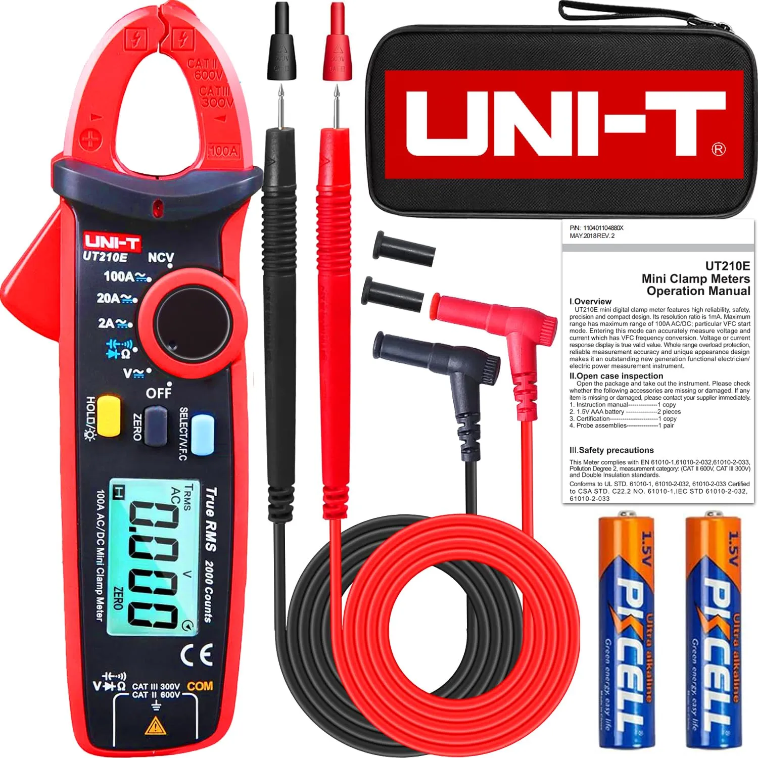 UNI-T UT210E Mini Digital Clamp Meter T-RMS 2000 Counts Voltage multimeter Tester Auto-ranging (AC/DC Current) Measures Temperature Capacitance Resistance Diodes Continuity Duty-Cycle/NCV/HVAC Tool