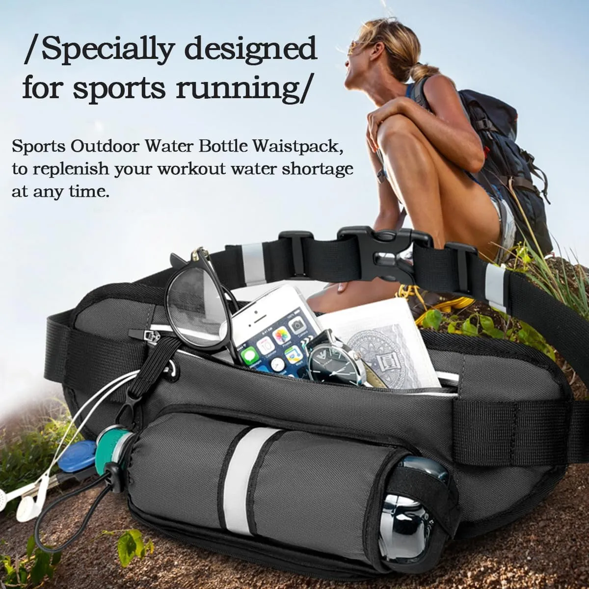 Upgraded Running Water Bottle for Men Women,Waterproof Utility Belt with Water Bottle Holder,Hydration Belt Pouch with Reflective for Running Hiking Cycling Climbing and for Phone(Grey1)