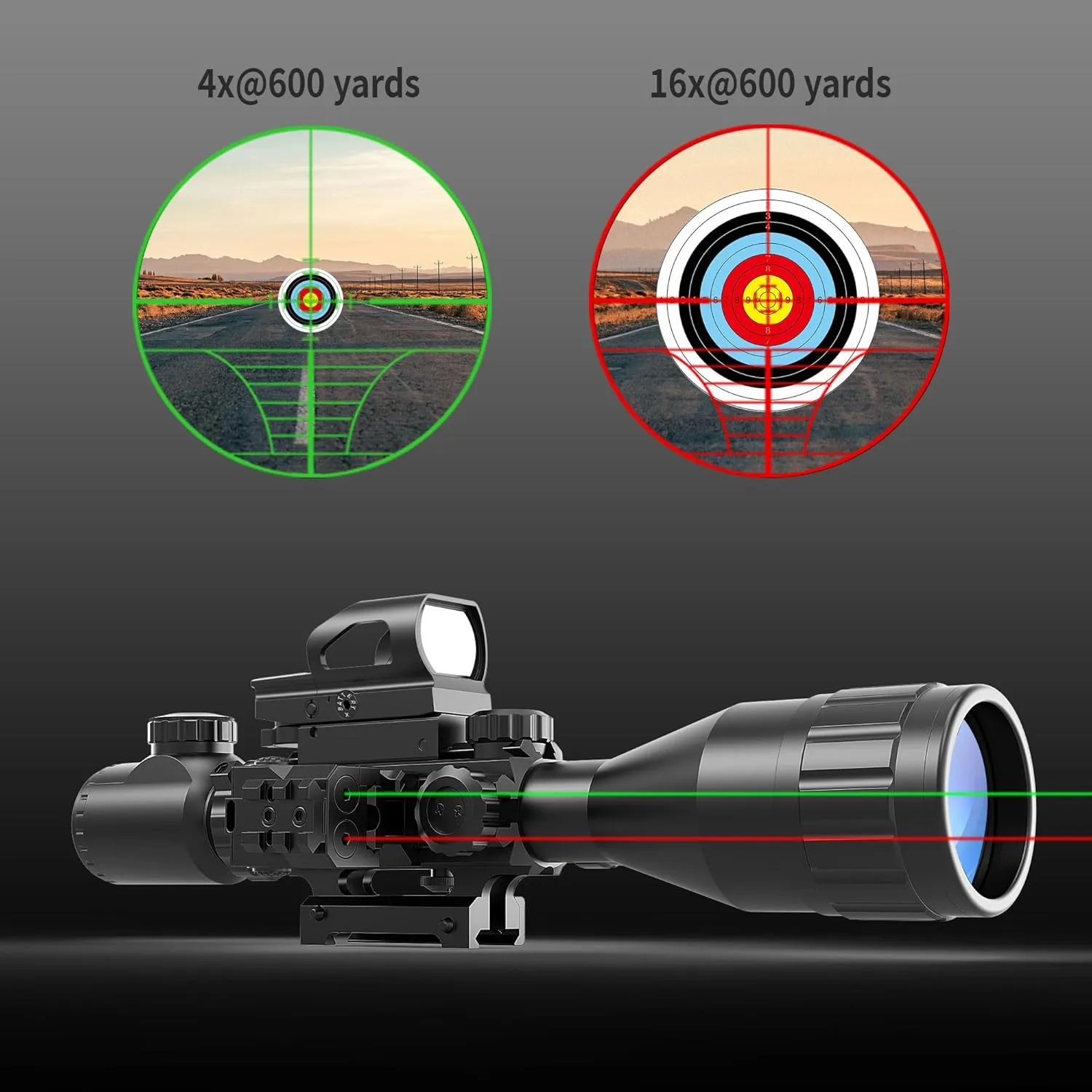 UUQ 4-12&16X50 AO Rifle Scope Red/Green Illuminated Range Finder Reticle W/Green Laser - Holographic Reflex Red Dot Sight - 5 Brightness Modes Flashlight