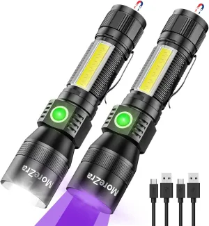 UV Flashlight Black Light, 2 Pack 3 in 1 Super Bright Small Rechargeable Flashlights 1200 High Lumens, 7 Modes, Waterproof Magnetic LED Pocket Flash Light for Pet Urine Detection