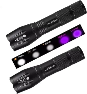 UV Flashlight LED Torch Zoomable Ultra Violet Black White Dual Light Detector