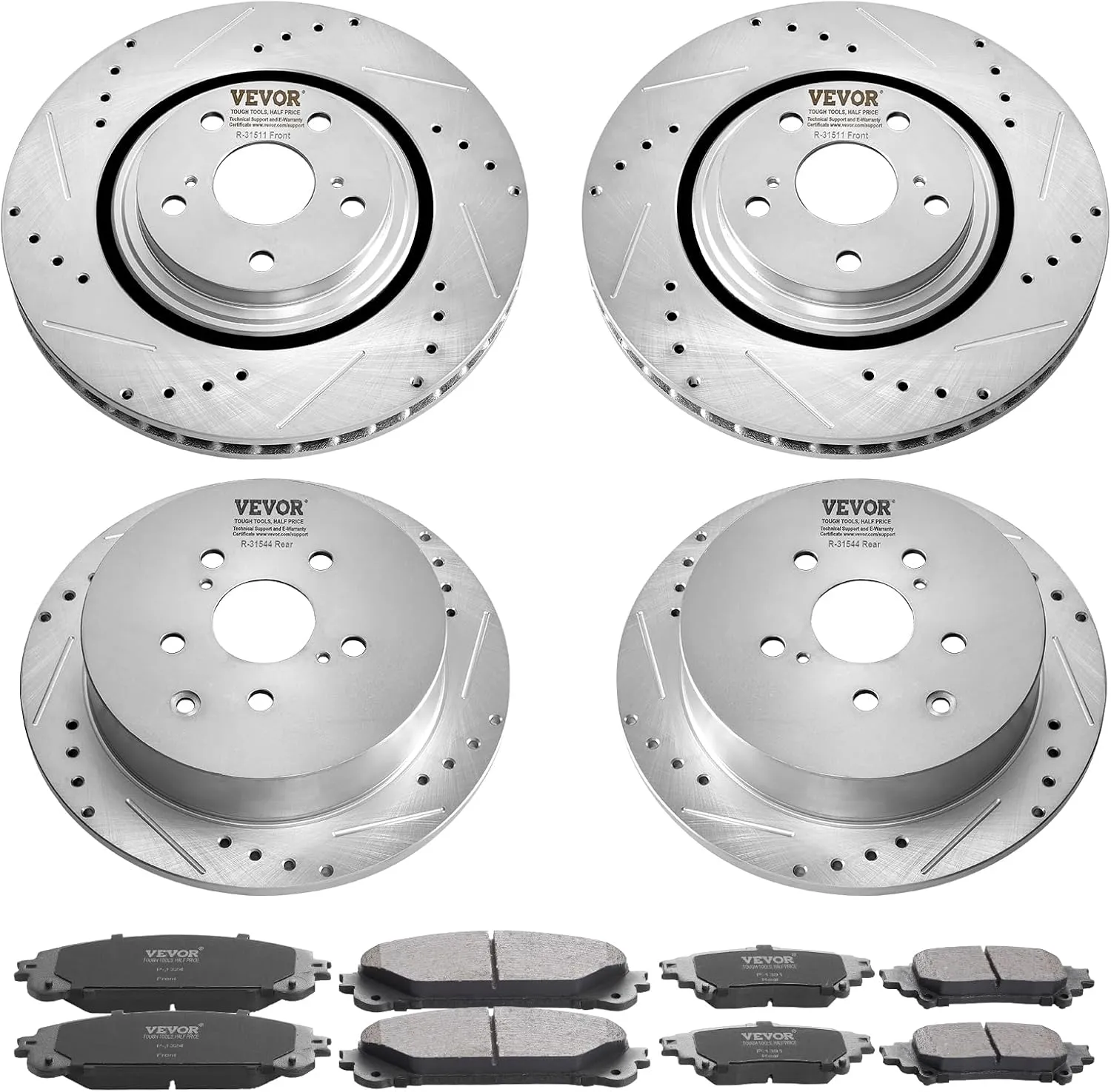 VEVOR Front and Rear Brake Kit Compatible with Toyota Sienna, Highlander, Lexus RX350, RX450h, Drilled and Slotted Brake Rotors Ceramic Brake Pads Replacement, 12.9" Front Rotors 12.2" Rear Rotors