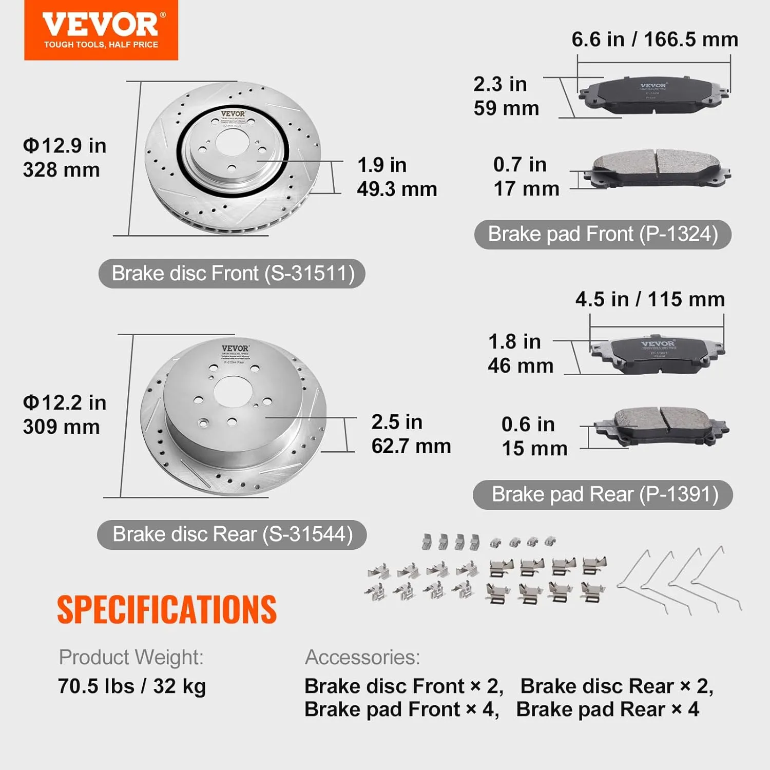 VEVOR Front and Rear Brake Kit Compatible with Toyota Sienna, Highlander, Lexus RX350, RX450h, Drilled and Slotted Brake Rotors Ceramic Brake Pads Replacement, 12.9" Front Rotors 12.2" Rear Rotors