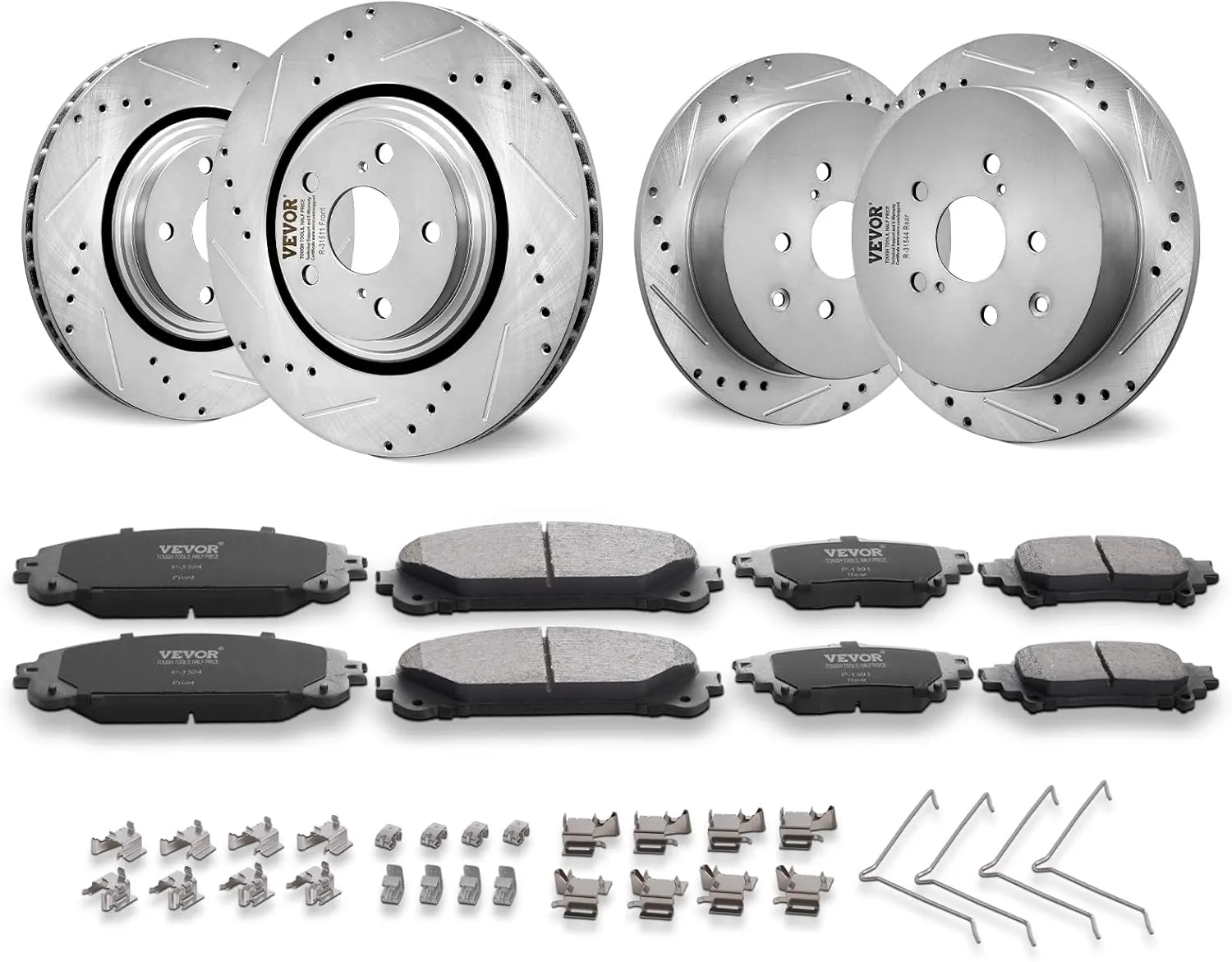 VEVOR Front and Rear Brake Kit Compatible with Toyota Sienna, Highlander, Lexus RX350, RX450h, Drilled and Slotted Brake Rotors Ceramic Brake Pads Replacement, 12.9" Front Rotors 12.2" Rear Rotors