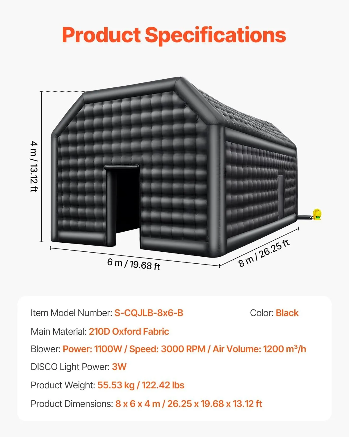 VEVOR Inflatable Nightclub, 26.2 x 19.7 x 13.1 Ft, Blow up Party Tent with Disco Lights & 1100W Blower, Large Inflatable Night Club Tent for Adults, Inflatable House Cube for Wedding Birthday Black
