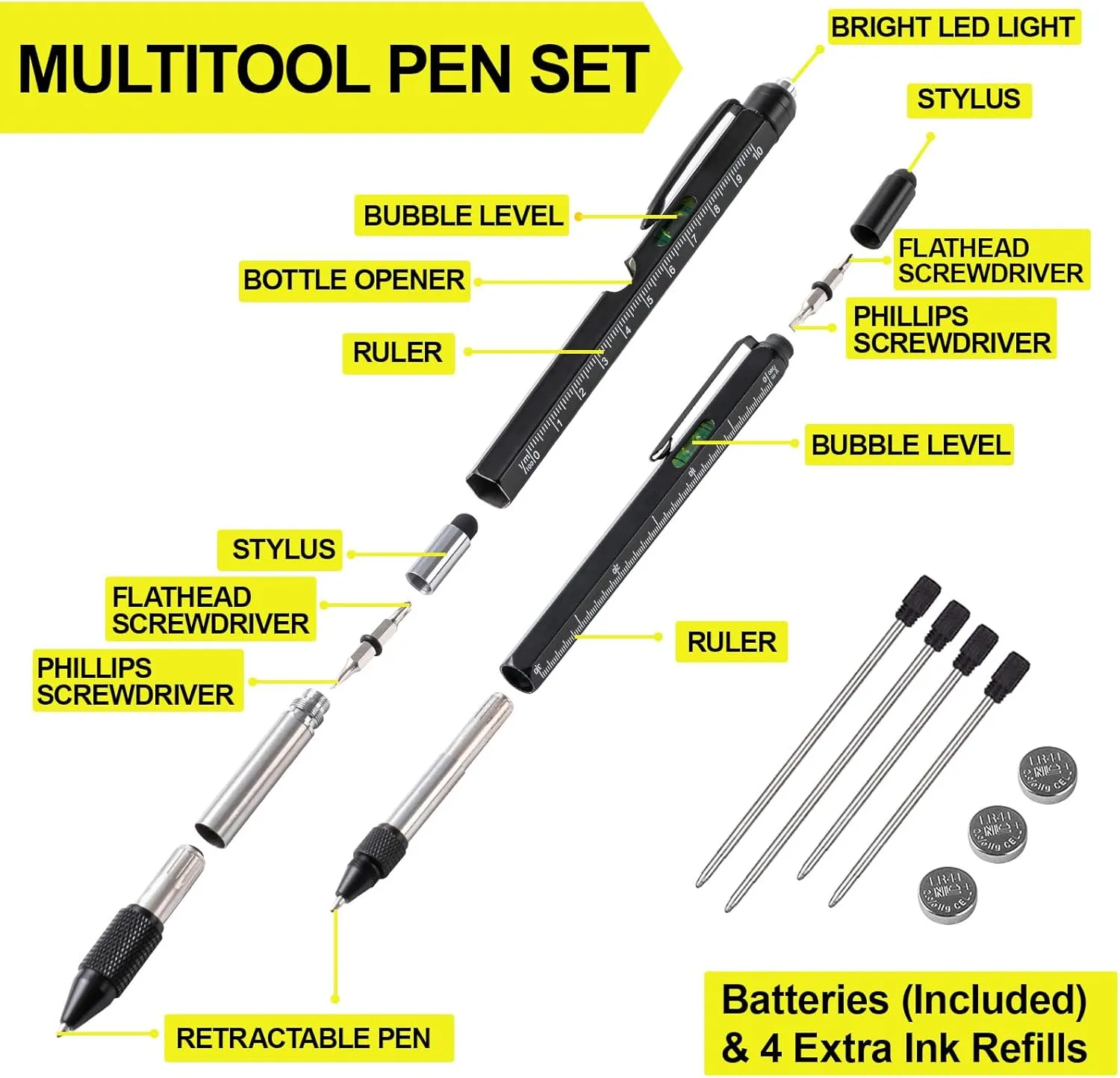 VIBELITE Fathers Day Dad Gifts for Dad Husband, 11 in 1 Multitool Pen Set with LED, Stylus, Level, Screwdriver, Flathead, Fathers Day Gift from Daughter Wife Son, Gadgets for Men, Father, Black