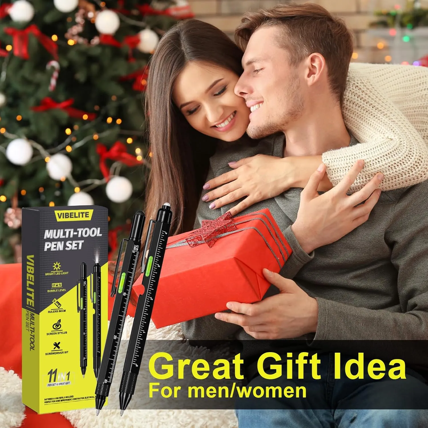 VIBELITE Fathers Day Dad Gifts for Dad Husband, 11 in 1 Multitool Pen Set with LED, Stylus, Level, Screwdriver, Flathead, Fathers Day Gift from Daughter Wife Son, Gadgets for Men, Father, Black
