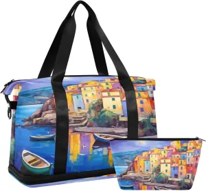 Village with Boats Gym Bag for Men Women with Shoes Compartment & Wet Pocket Sport Travel Duffel Bag Waterproof Weekender Overnight Bag