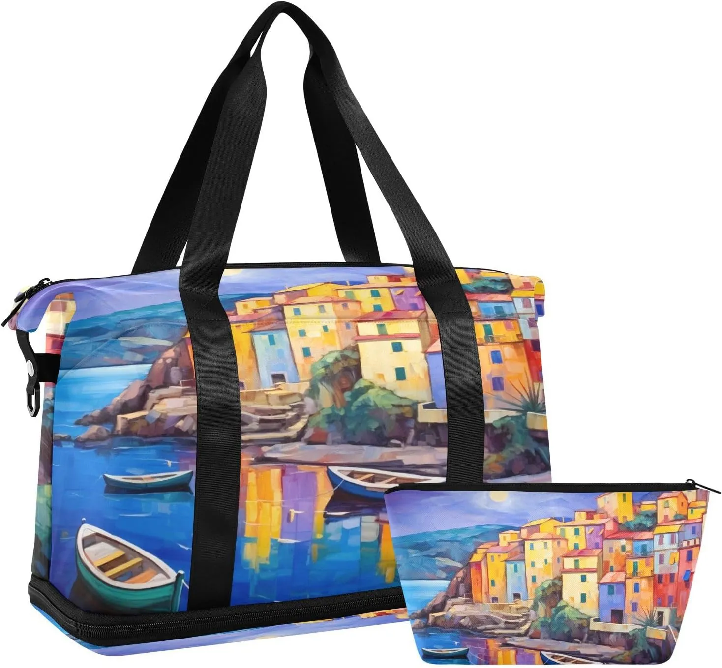 Village with Boats Gym Bag for Men Women with Shoes Compartment & Wet Pocket Sport Travel Duffel Bag Waterproof Weekender Overnight Bag