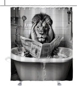 Vintage Jungle Lion Shower Curtain Funny Animal Reading in Bathtub Shower Curtains Set Fun Retro Hotel Textured Bathroom Decor Accessory with Hooks 72" W x 84" H