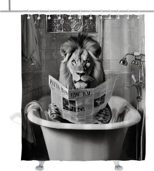 Vintage Lion Shower Curtain Funny Animal in Bathtub Jungle Tropical Shower Curtains Set Modern Retro Textured Bathroom Decor Accessory with Hooks 72" W × 84" H