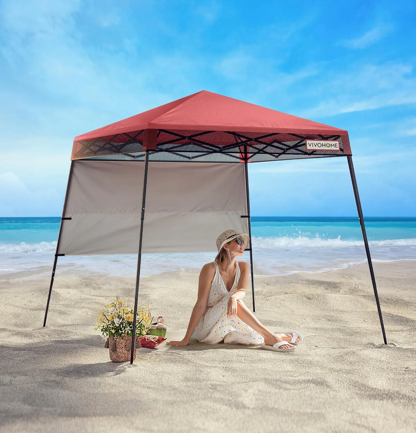 VIVOHOME 8x8ft Pop-Up Canopy Tent with Central Lock Design, Slant Legs, Backpack, and Side Wall, Portable Shelter for Camping, Party, Yard, and Beach Events, Red