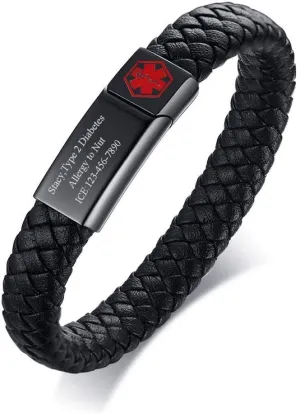 VNOX Blue Braided Leather Adjustable Cuff Bangle Medical ID Bracelet for Men