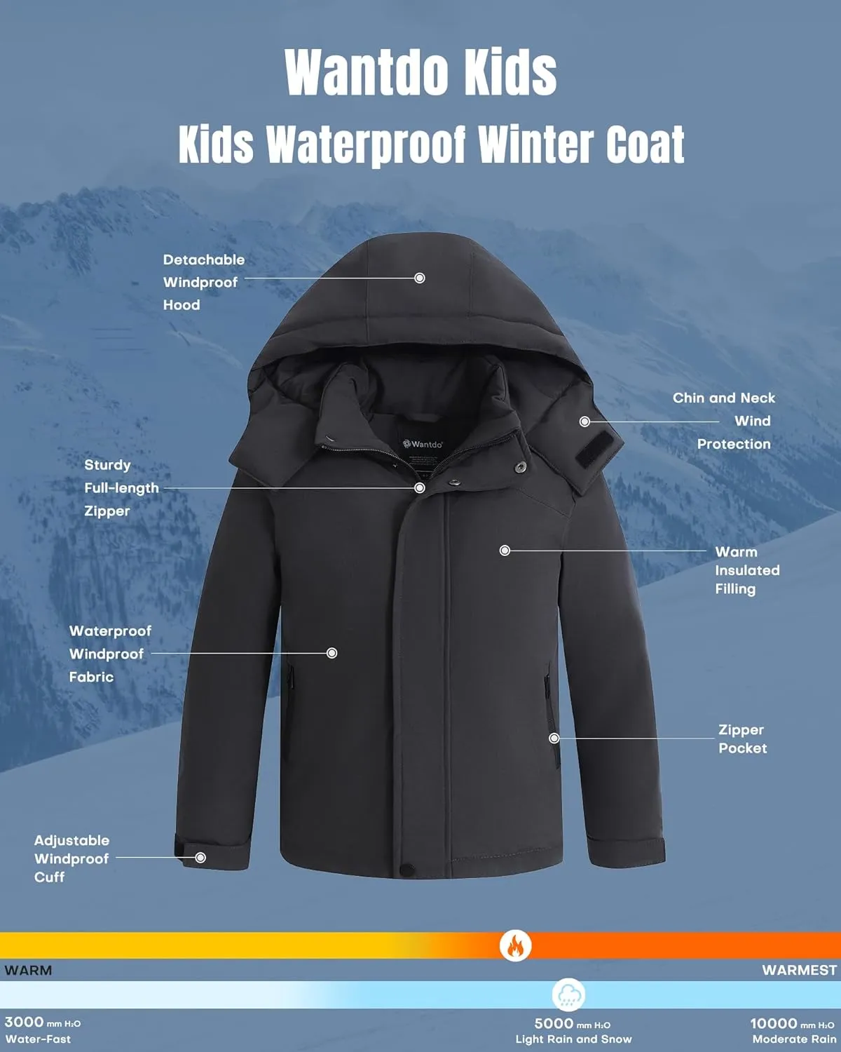 Wantdo Boy's Waterproof Ski Jacket Quilted Winter Coat Warm Fleece Puffer Jacket Mountain Windbreaker