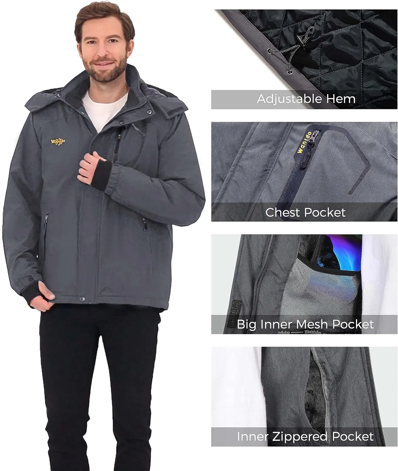 wantdo Men's Mountain Waterproof Ski Jacket Windproof Rain Jacket Winter Warm Hooded Coat