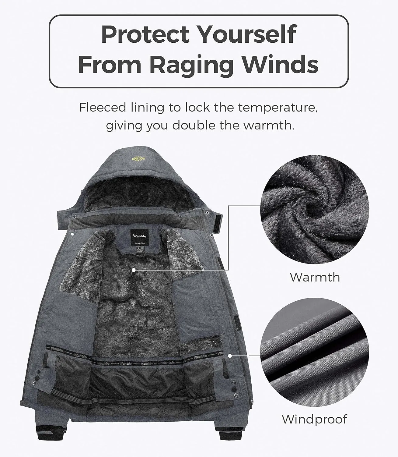 wantdo Men's Mountain Waterproof Ski Jacket Windproof Rain Jacket Winter Warm Hooded Coat