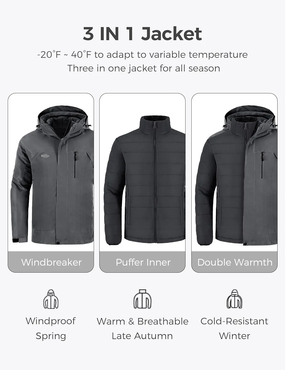 Wantdo Men's Waterproof 3 in 1 Ski Jacket Warm Winter Coat Windproof Snowboarding Jackets with Detachable Puffer Coat