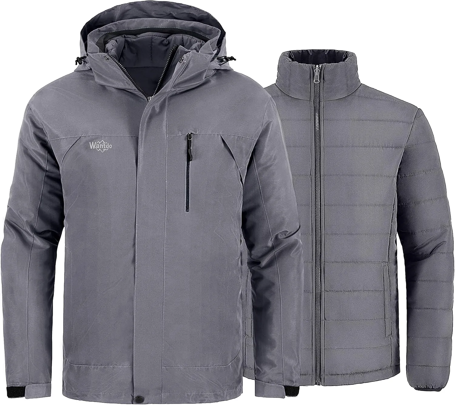 Wantdo Men's Waterproof 3 in 1 Ski Jacket Warm Winter Coat Windproof Snowboarding Jackets with Detachable Puffer Coat