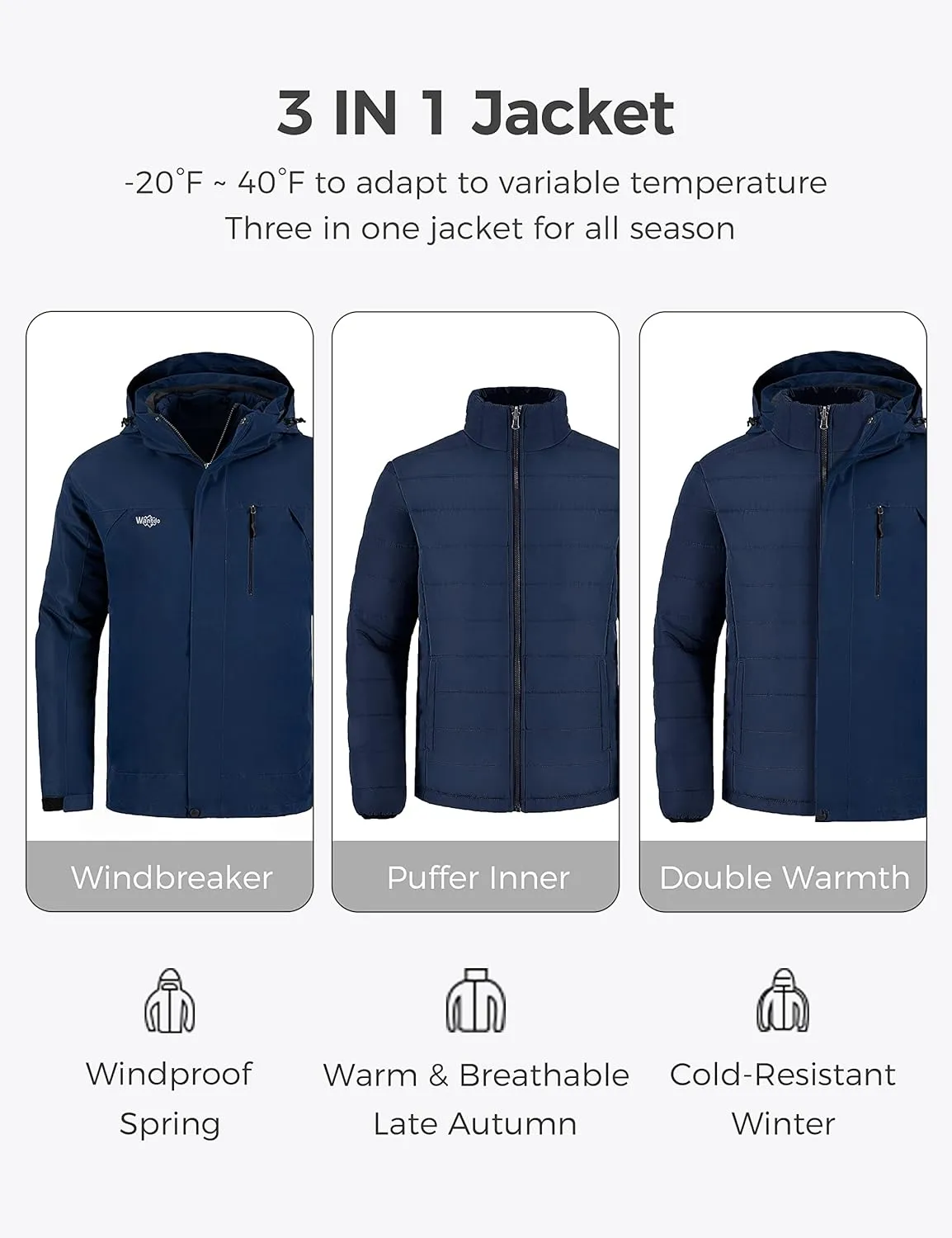 Wantdo Men's Waterproof 3 in 1 Ski Jacket Warm Winter Coat Windproof Snowboarding Jackets with Detachable Puffer Coat