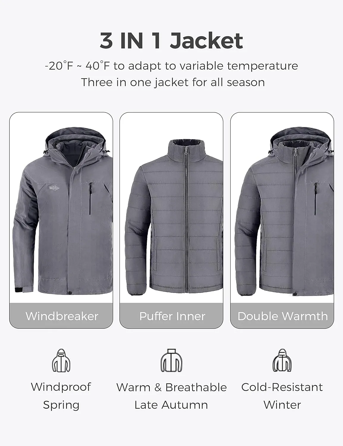 Wantdo Men's Waterproof 3 in 1 Ski Jacket Warm Winter Coat Windproof Snowboarding Jackets with Detachable Puffer Coat