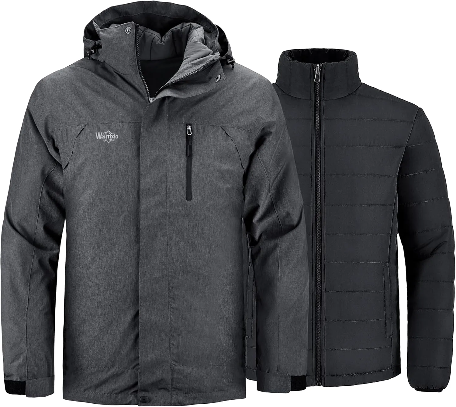 Wantdo Men's Waterproof 3 in 1 Ski Jacket Warm Winter Coat Windproof Snowboarding Jackets with Detachable Puffer Coat
