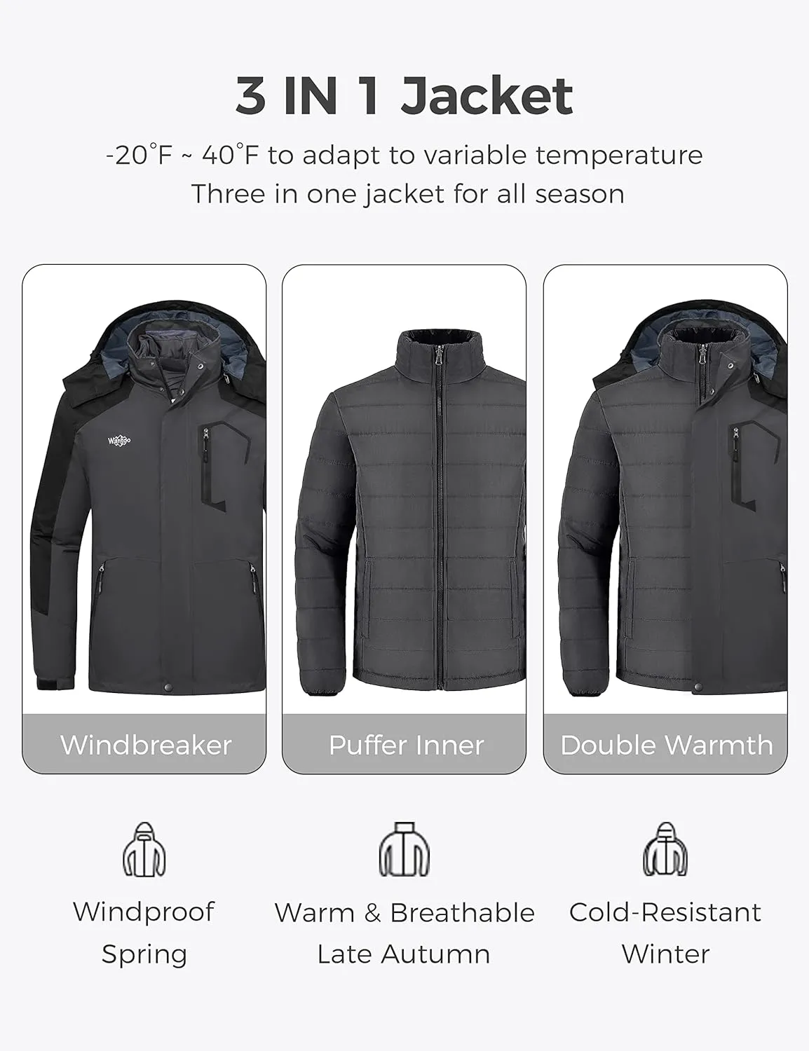 Wantdo Men's Waterproof 3-in-1 Ski Jacket Warm Winter Snow Coat Windproof Rain Jackets Snowboarding Jackets