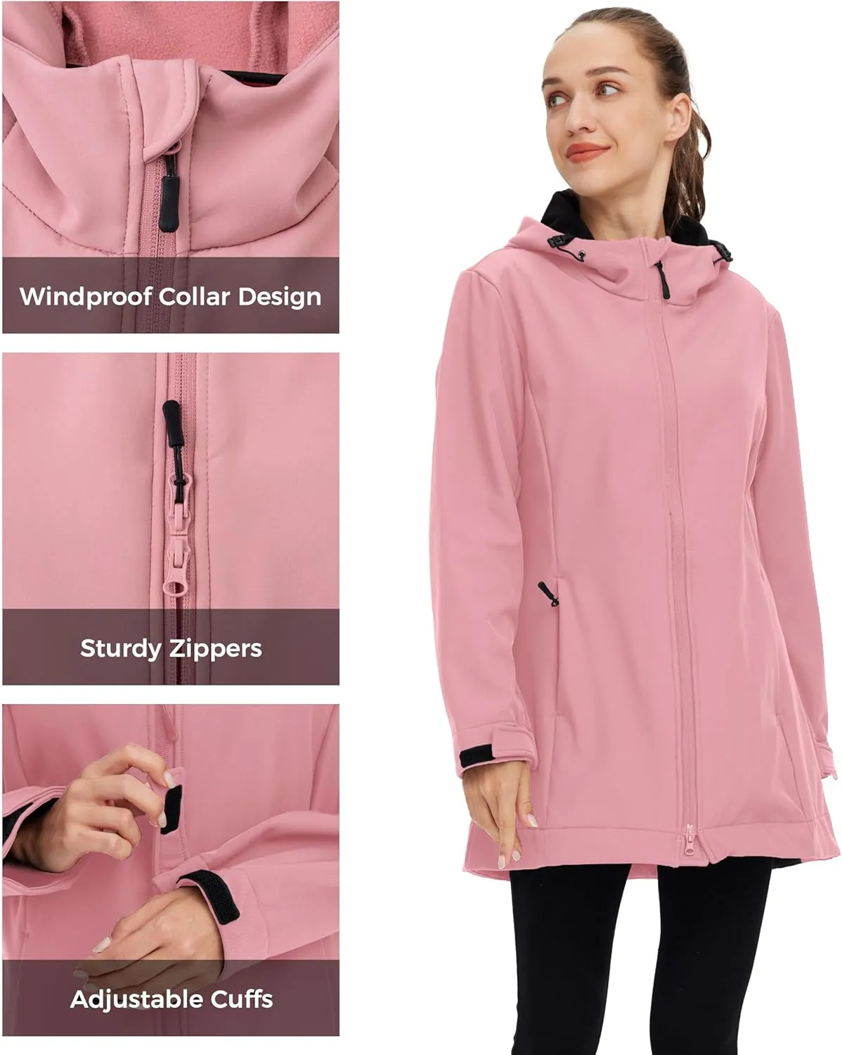 wantdo Women Softshell Jacket Fleece Lined Hooded Rain Coat Waterproof Windproof Windbreaker Jacket Lightweight Long Coat