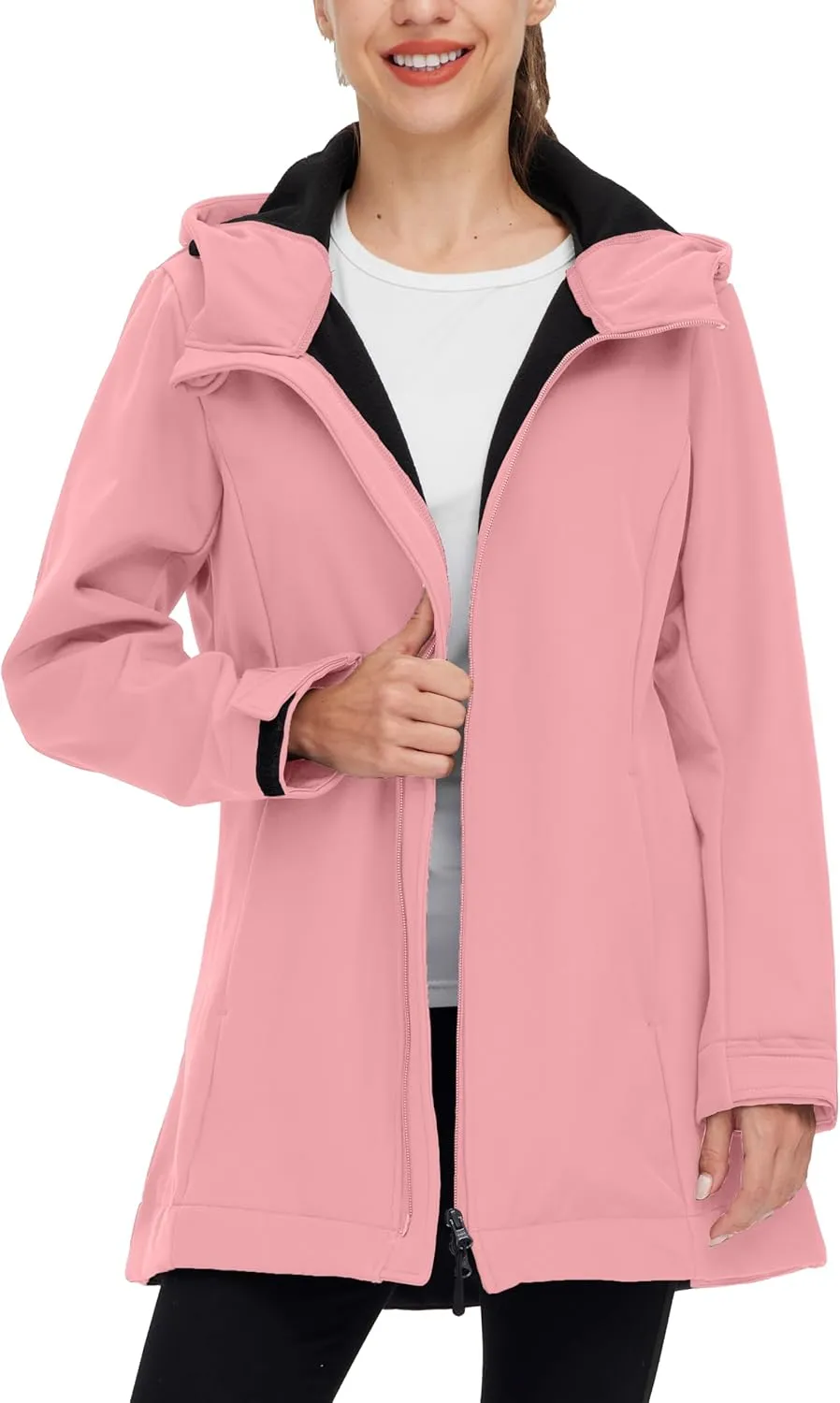 wantdo Women Softshell Jacket Fleece Lined Hooded Rain Coat Waterproof Windproof Windbreaker Jacket Lightweight Long Coat