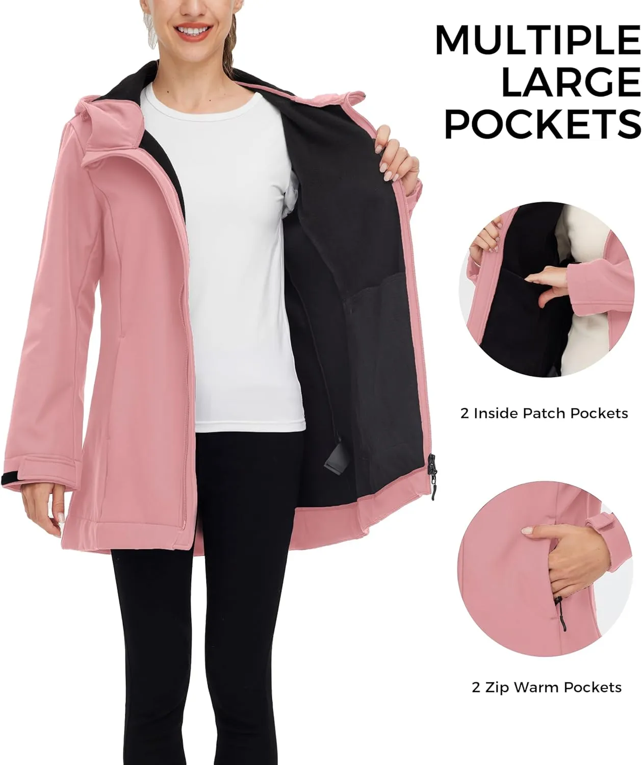 wantdo Women Softshell Jacket Fleece Lined Hooded Rain Coat Waterproof Windproof Windbreaker Jacket Lightweight Long Coat