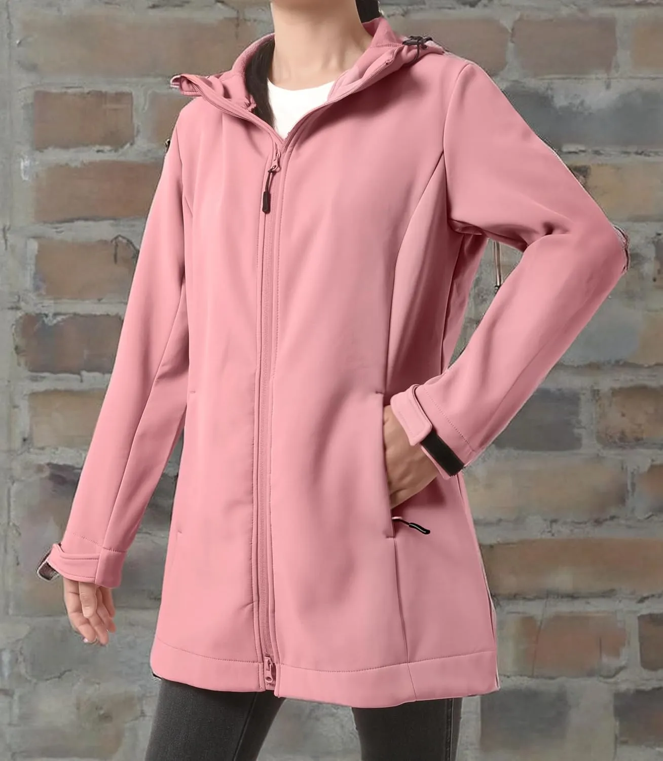 wantdo Women Softshell Jacket Fleece Lined Hooded Rain Coat Waterproof Windproof Windbreaker Jacket Lightweight Long Coat