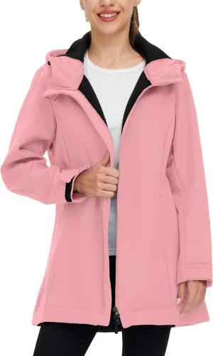 wantdo Women Softshell Jacket Fleece Lined Hooded Rain Coat Waterproof Windproof Windbreaker Jacket Lightweight Long Coat