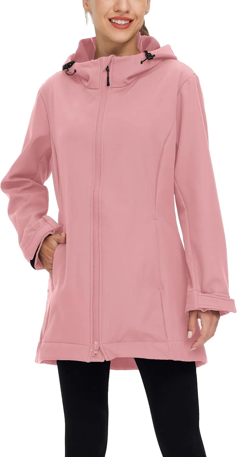 wantdo Women Softshell Jacket Fleece Lined Hooded Rain Coat Waterproof Windproof Windbreaker Jacket Lightweight Long Coat