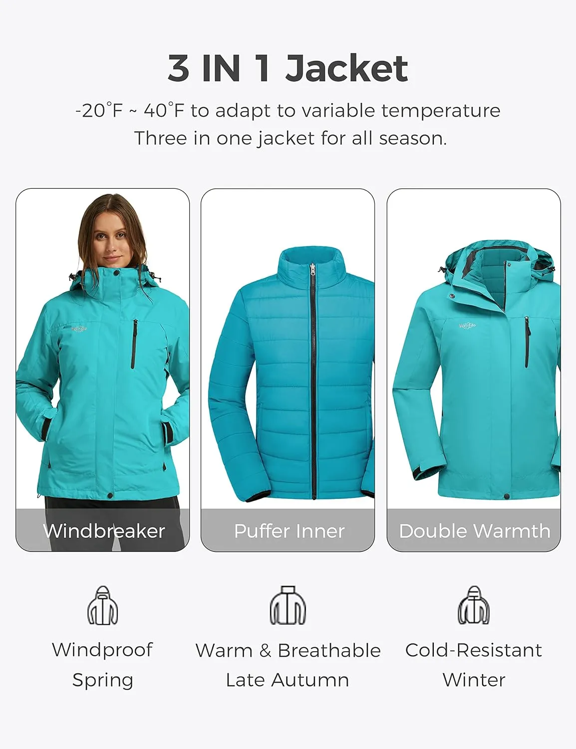 wantdo Women's 3 in 1 Waterproof Ski Jacket Windproof Winter Snow Coat Snowboarding Jackets Warm Raincoat