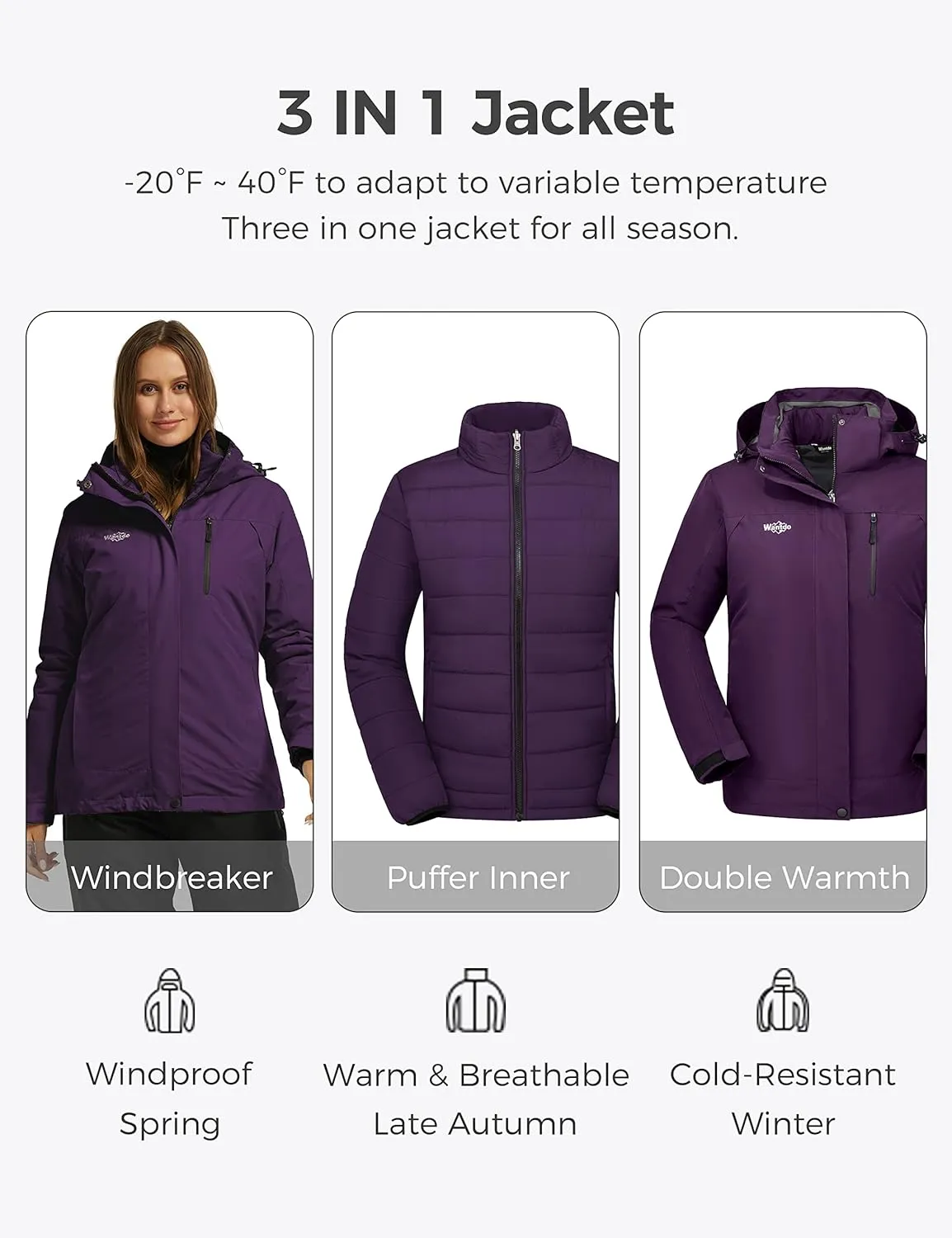 wantdo Women's 3 in 1 Waterproof Ski Jacket Windproof Winter Snow Coat Snowboarding Jackets Warm Raincoat