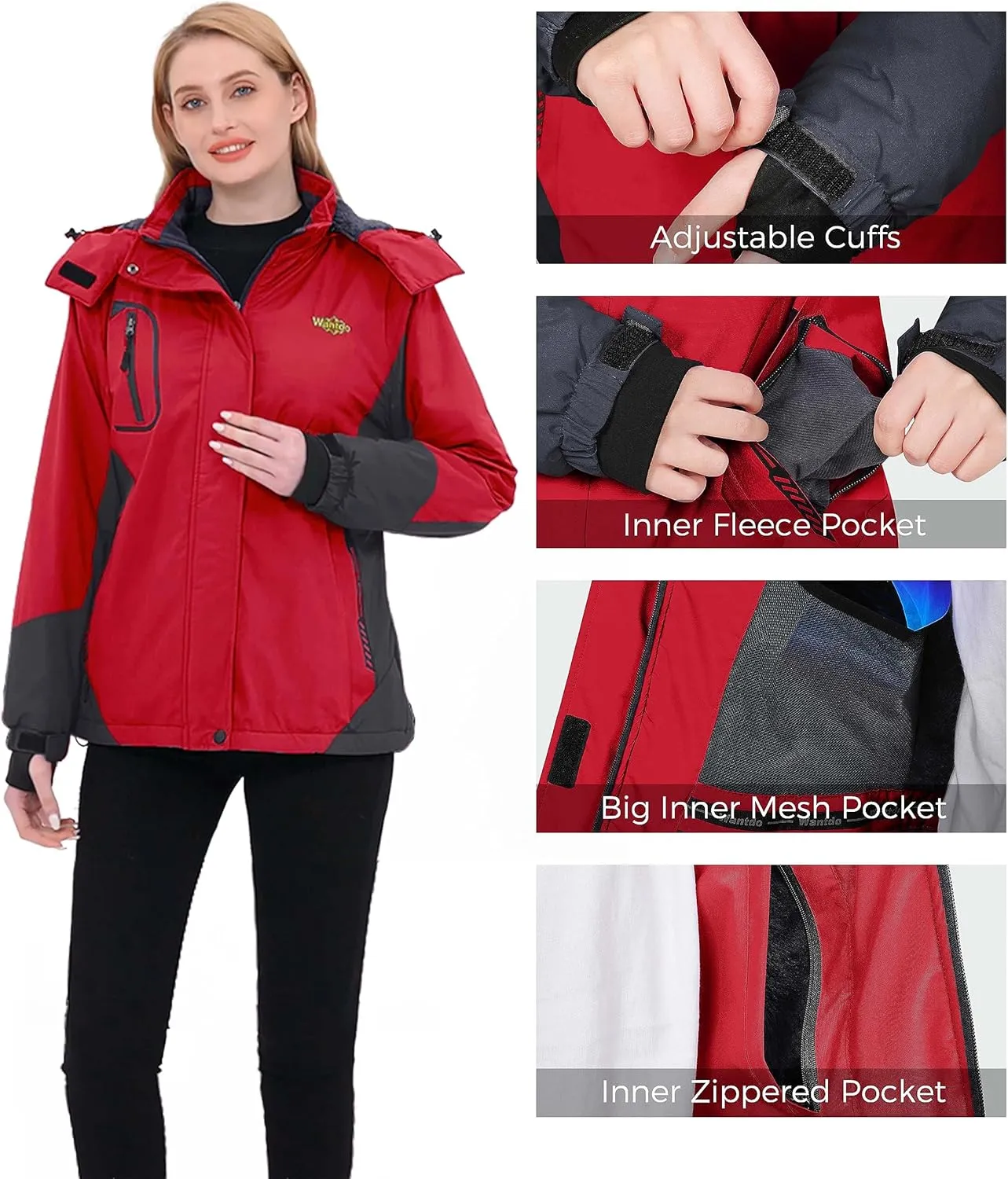 wantdo Women's Mountain Waterproof Ski Jacket Windproof Rain Jacket Winter Warm Hooded Coat