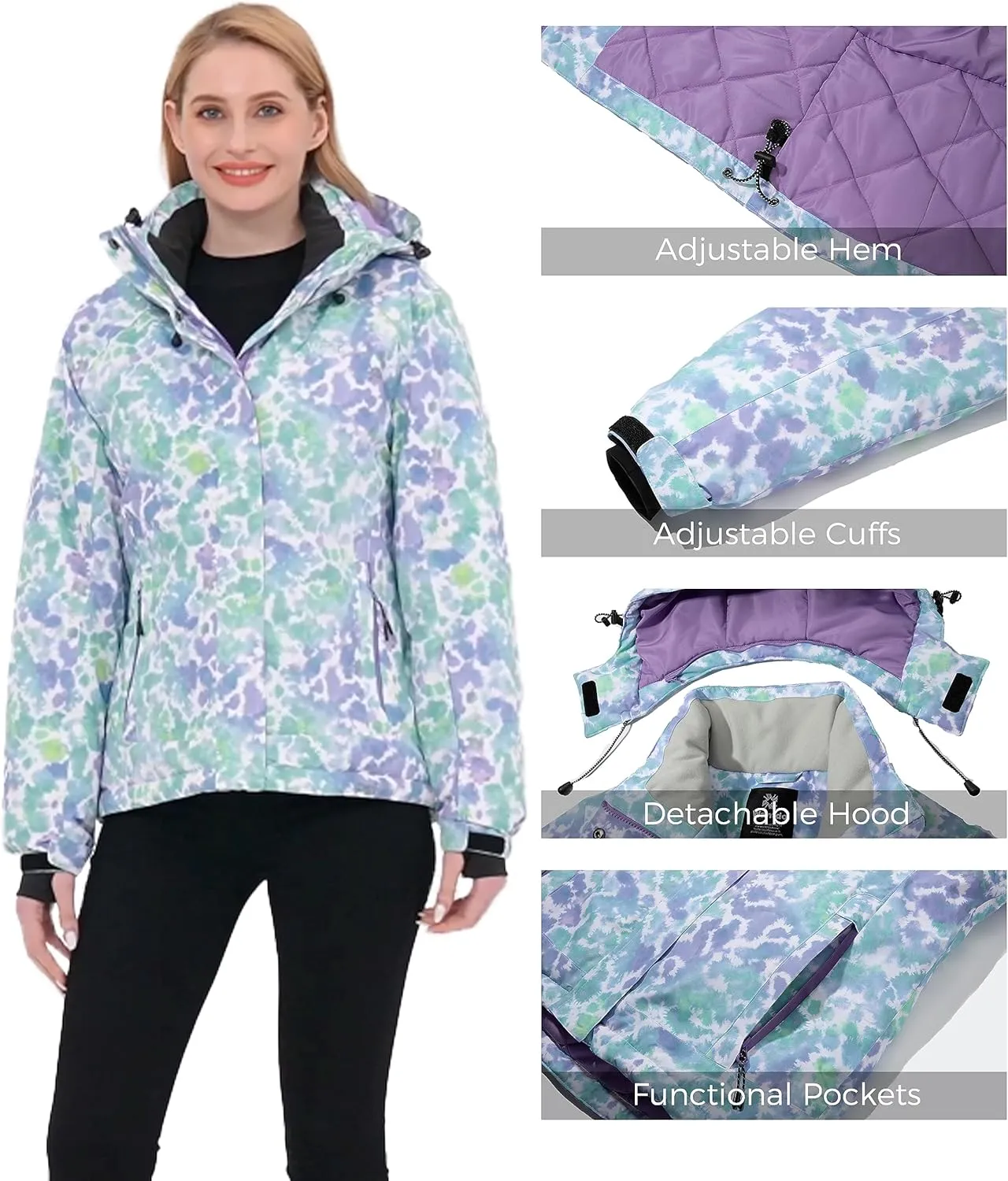 Wantdo Women's Waterproof Ski Jacket Colorful Printed Fully Taped Seams Rain Coat Warm Winter Parka