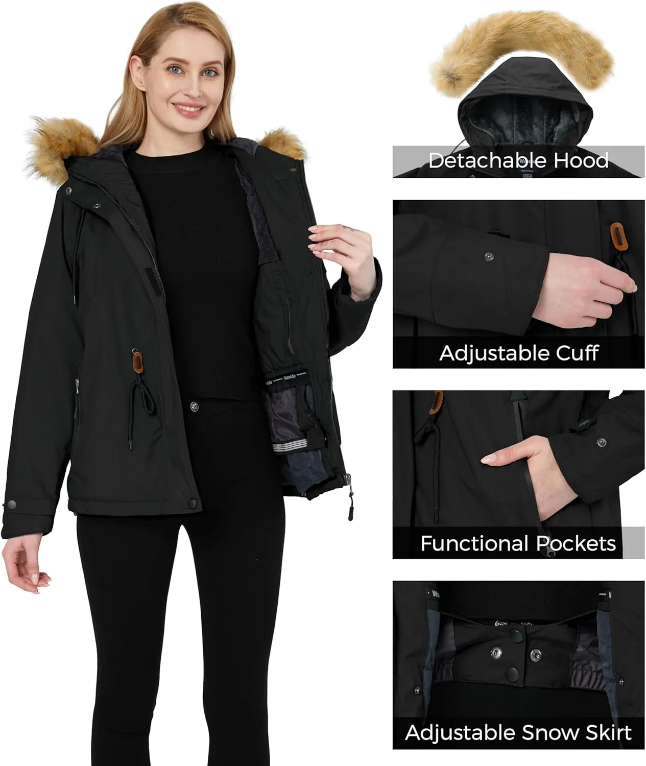 wantdo Women's Waterproof Ski Jacket Hooded Winter Snow Coat Mountain Snowboarding Jackets Insulated Fleece Parka
