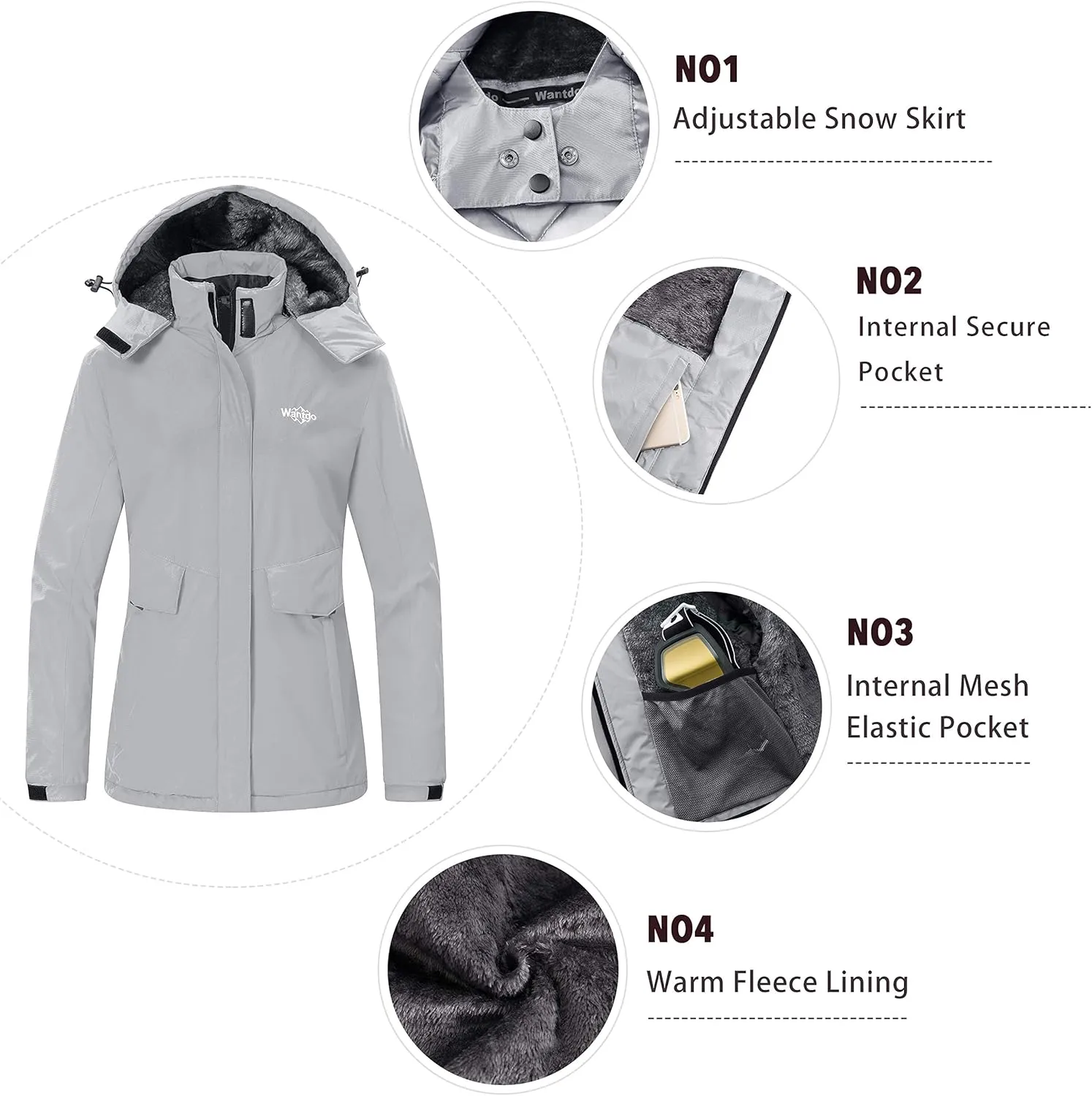 Wantdo Women's Waterproof Ski Jacket Warm Winter Coat Windproof Snow Coats Warm Fleece Raincoat