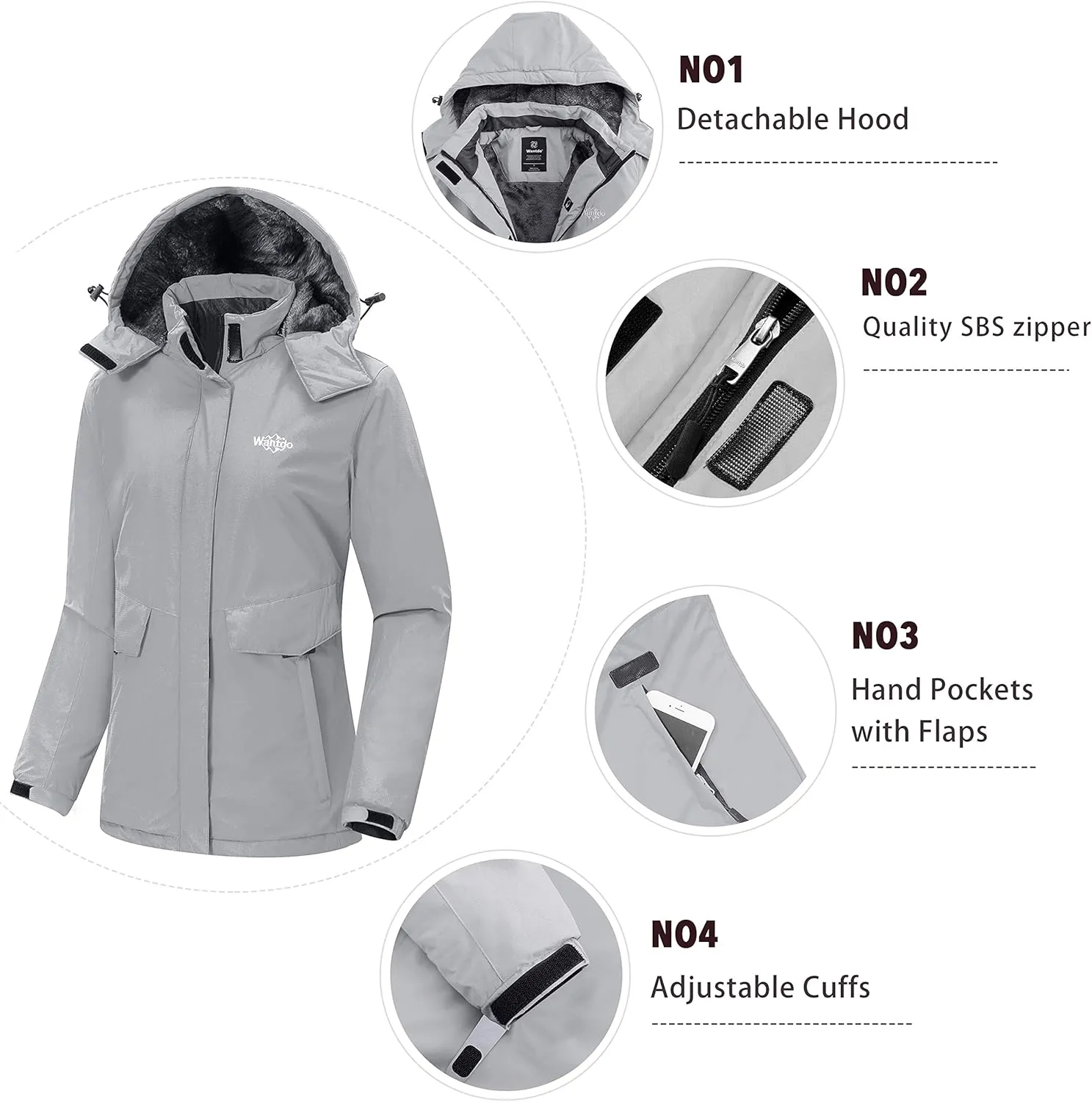 Wantdo Women's Waterproof Ski Jacket Warm Winter Coat Windproof Snow Coats Warm Fleece Raincoat