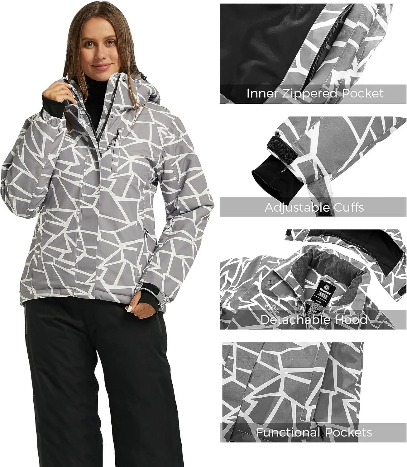 Wantdo Women's Waterproof Ski Jacket Windproof Print Fully Taped Seams Snow Coat Warm Winter Windbreaker