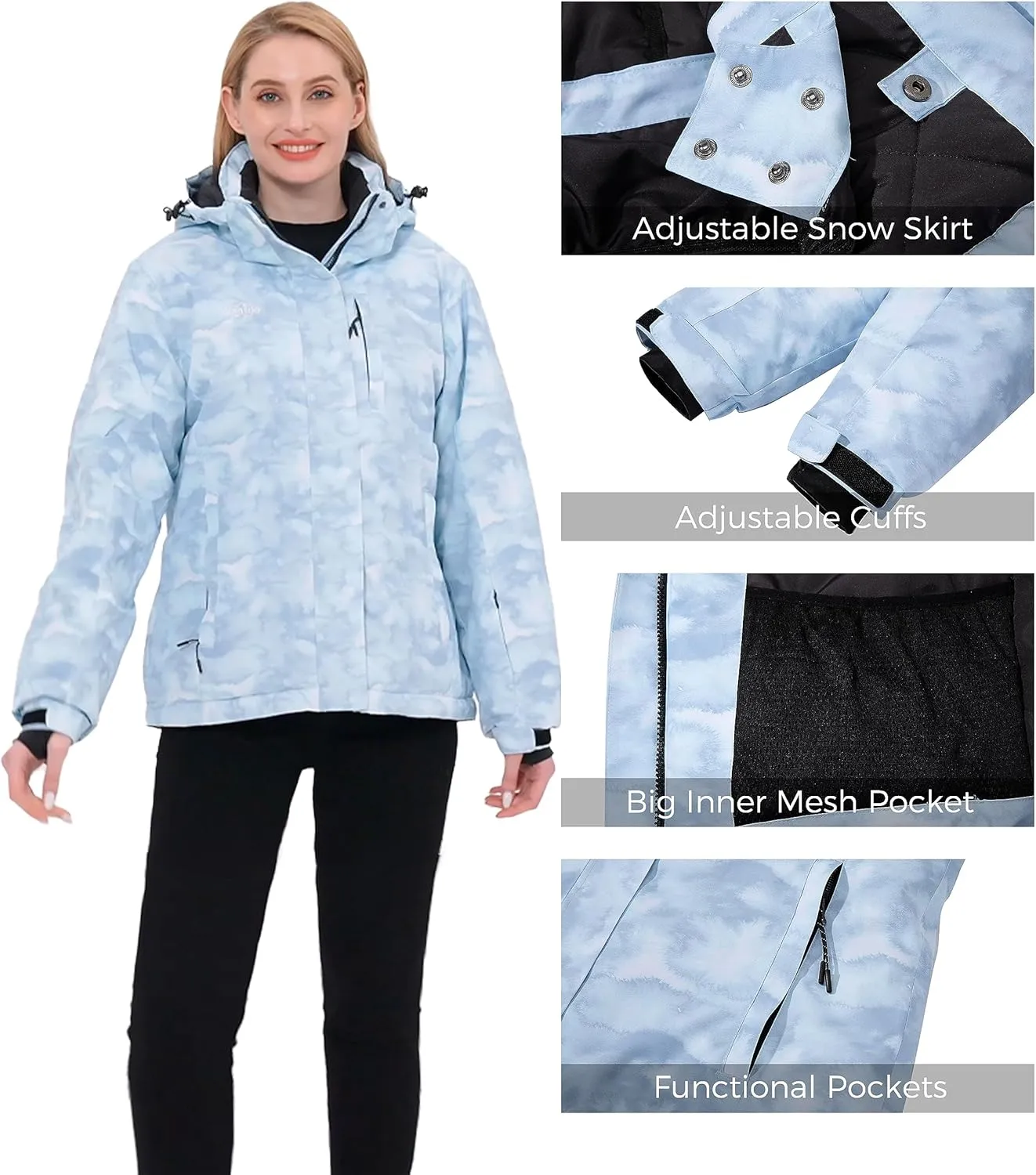 Wantdo Women's Waterproof Ski Jacket Windproof Print Fully Taped Seams Snow Coat Warm Winter Windbreaker