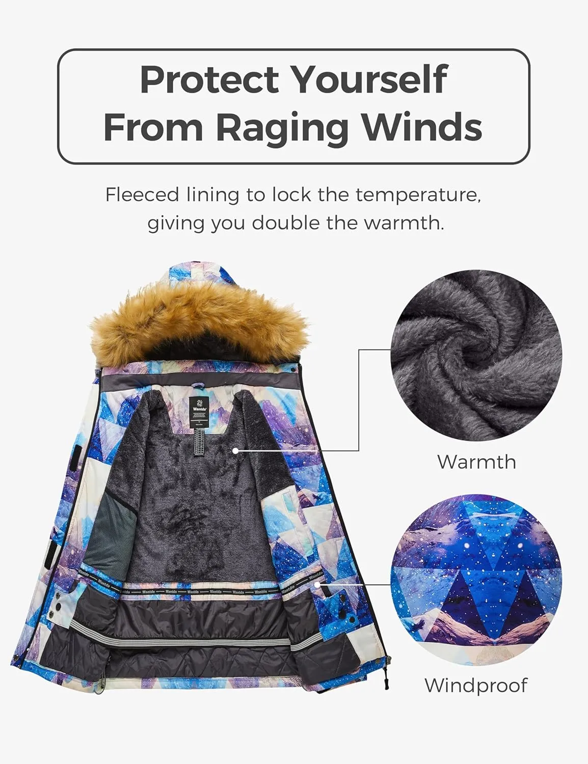 Wantdo Women's Waterproof Ski Jacket Windproof Winter Snow Coat Mountain Snowboarding Jackets Outdoor Fleece Parka