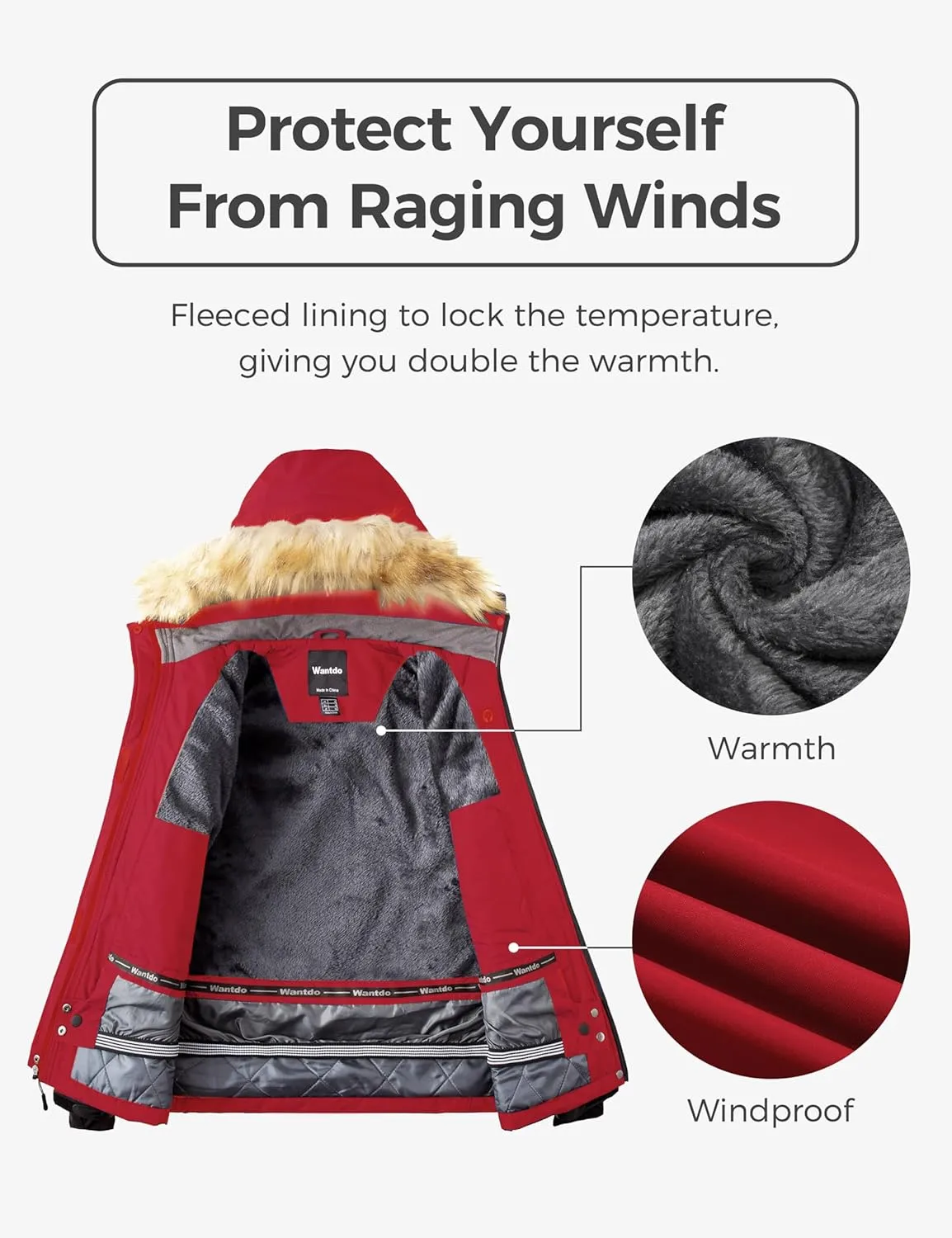 Wantdo Women's Waterproof Ski Jacket Windproof Winter Snow Coat Mountain Snowboarding Jackets Outdoor Fleece Parka