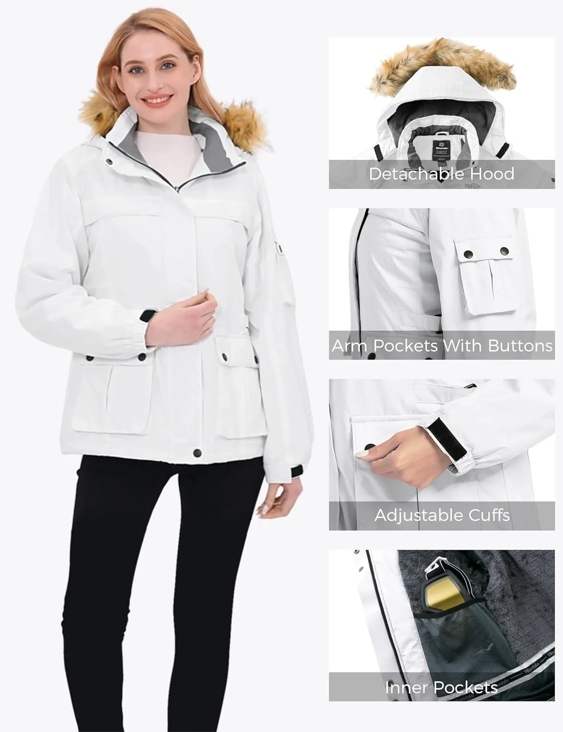 Wantdo Women's Waterproof Ski Jacket Windproof Winter Snow Coat Mountain Snowboarding Jackets Outdoor Fleece Parka