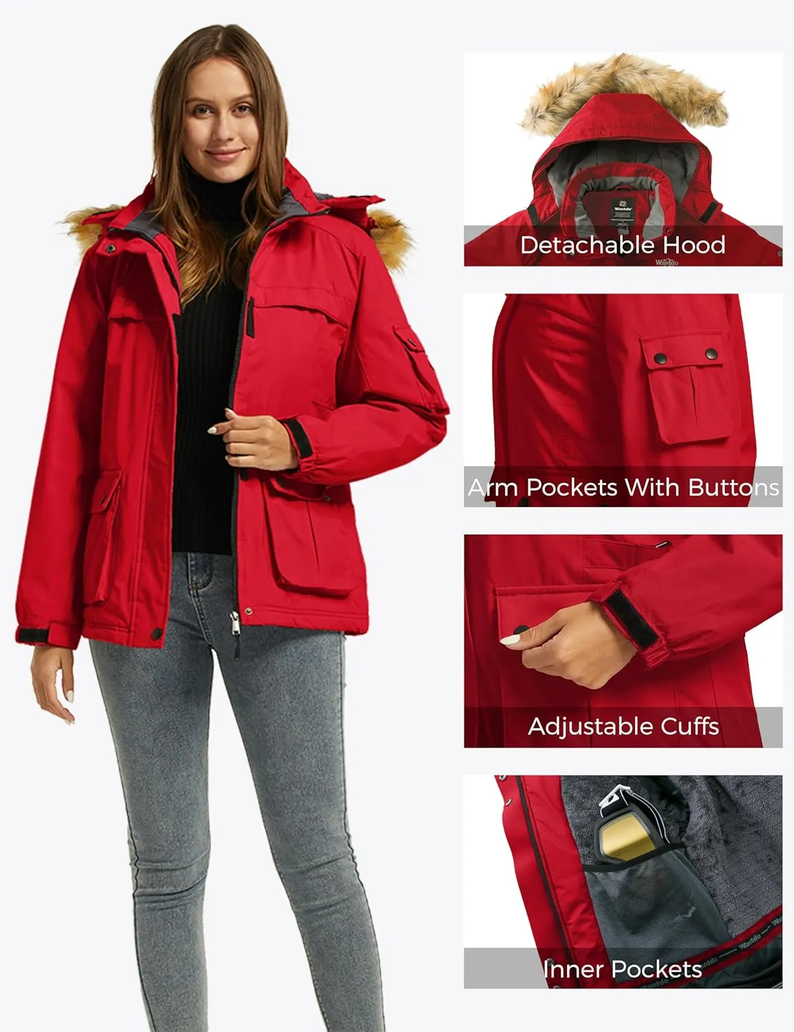 Wantdo Women's Waterproof Ski Jacket Windproof Winter Snow Coat Mountain Snowboarding Jackets Outdoor Fleece Parka