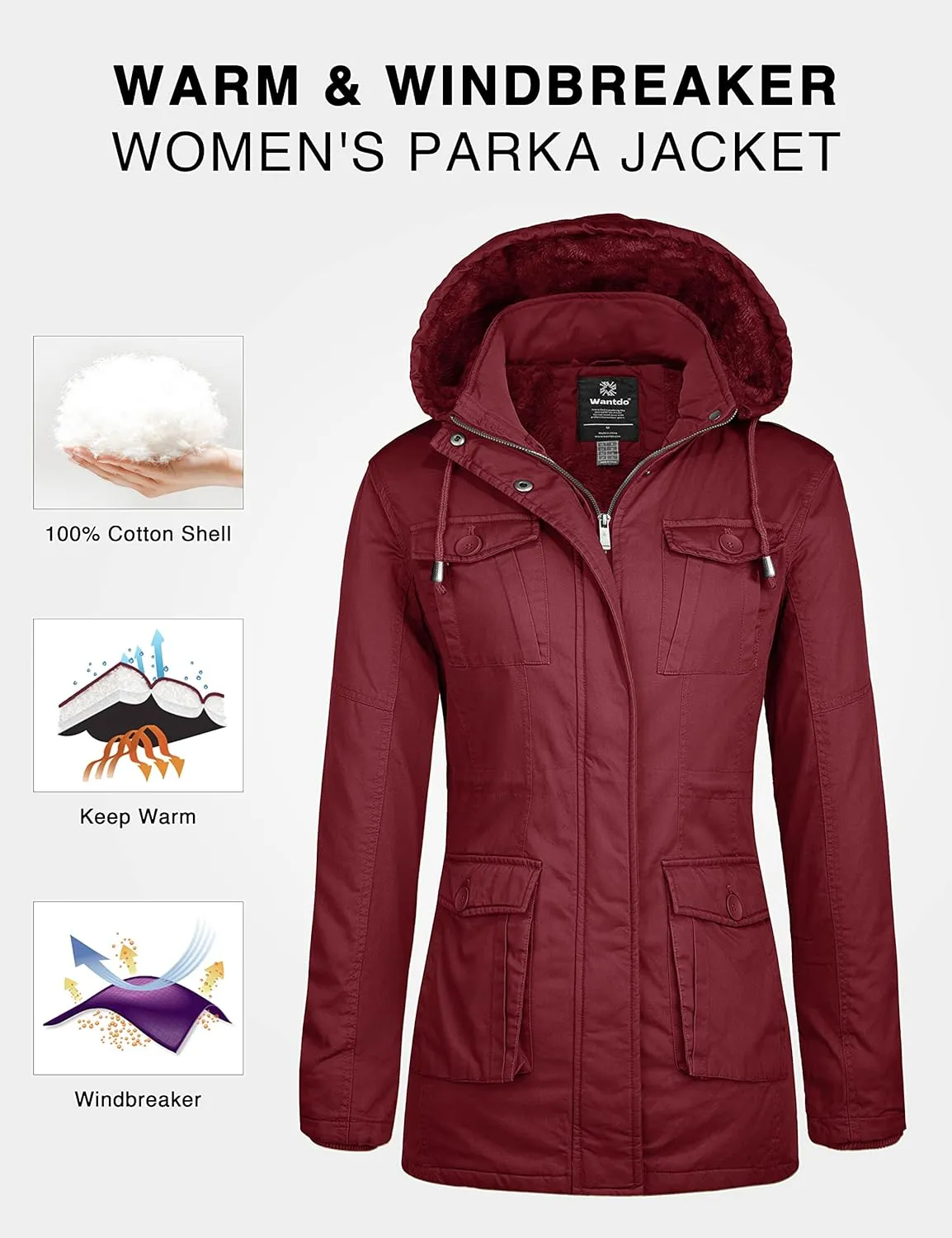 wantdo Women's Winter Parka Coat Sherpa Lined Warm Cotton Jacket with Removable Hood
