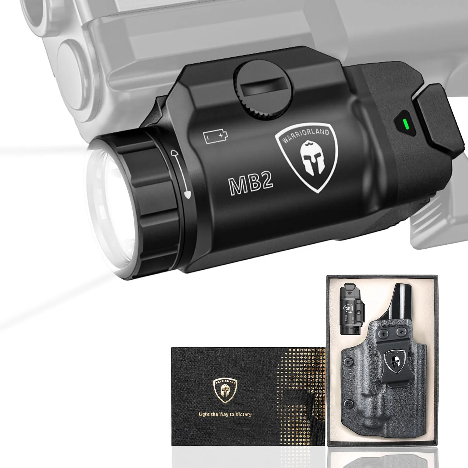 WARRIORLAND MB2 Pistol Light and Custom Kydex Holster, Fit for Springfield Hellcat Pro, Compact 500 Lumens Universal Rail Mounted Tactical Weapon Light with White LED Flashlight, Power Indicator
