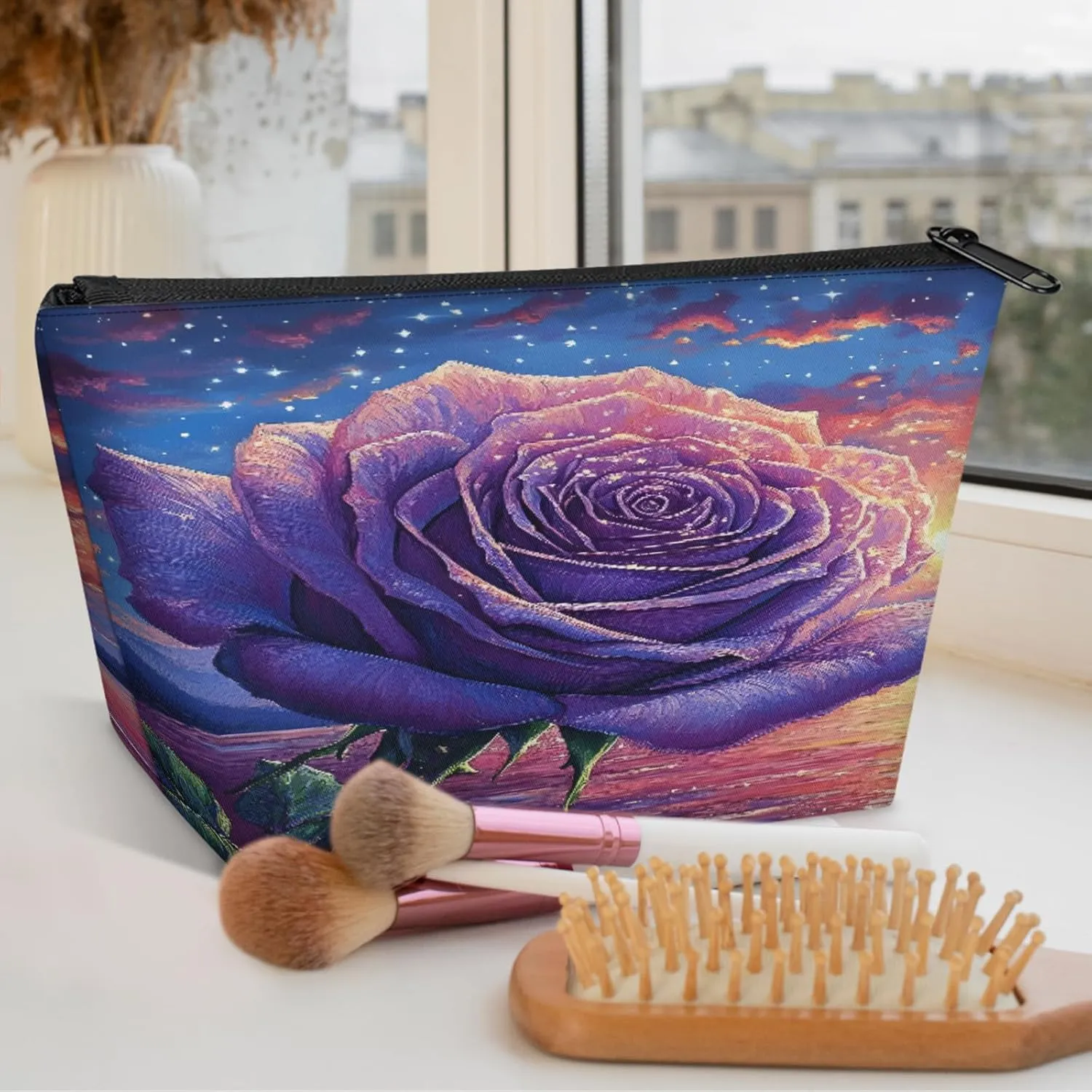 Watercolor Pink Rose Flower Travel Makeup Bag, Makeup Pouch Birthday Women Gifts for Friend Her Girl Sister Daughter Coworker Bff, Small Cosmetic Makeup Bag